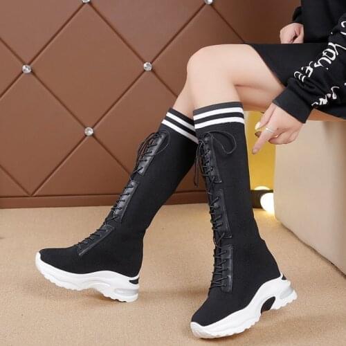 2020 new Womens Boots Round head knitting 7cm Thin Internal increase Sock Boots Black Female Stretch Boots Big Size High boots