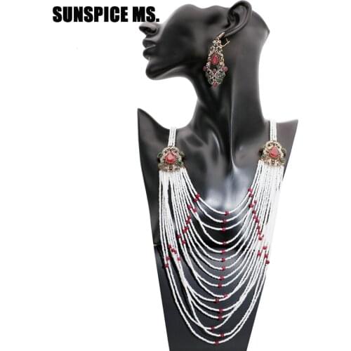 SUNSPICE MS Women Ethnic Engagement African Bead Jewelry Sets Long Charm Chain Necklace Red Drop Hook Earring India Bijoux Femme