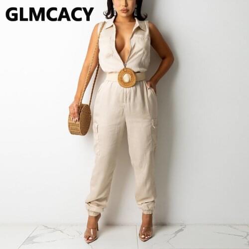 Women Sleeveless Turn Down Collar Shirt Jumpsuit Casual Cargo Pants Overalls