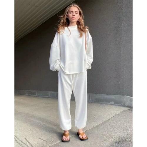 Two Piece Cozy Pullover Sweatpant Set Woman Tracksuit Casual Merrow Hem O-neck Long Sleeve Pocket Pant