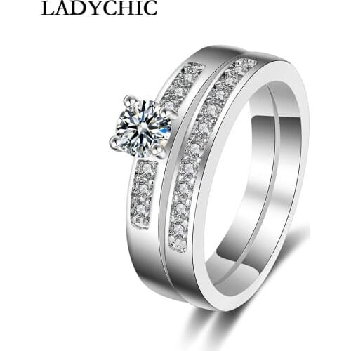 LADYCHIC Top Quality White Gold Color 4 Prongs Wedding Bands Ring Sets Round Cubic Zirconia Rings Jewelry for Women LR1026