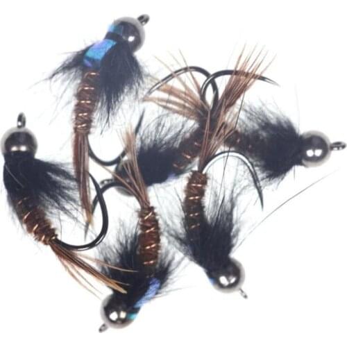6PCS Fishing Lure Copper Bead Head Nymph Flies Trout Fishing Bait Single Metal Barbed Hook Fly Shape Copper Fly Lure Hot Sell