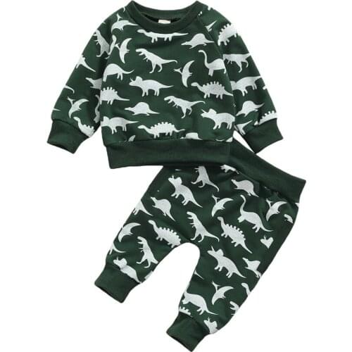 2021 0-3Y Casual Kids Baby Boy Clothes Set Green Dinosuar Print Long Sleeve Sweatshirt+Harem Pants Spring Fall Tracksuit 2pcs