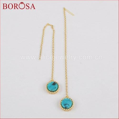 BOROSA 10mm Round Gold Color Bezel 100% Natural Blue Stone Druzy Long Earrings,Drusy Stone Drop Earrings Jewelry Earrings ZG0144
