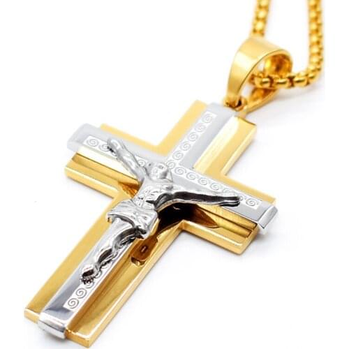 AMUMIU JESUS Gold Color Stainless Steel Cross Pendant Necklace Chain Mens Womens Jewelry HP256A