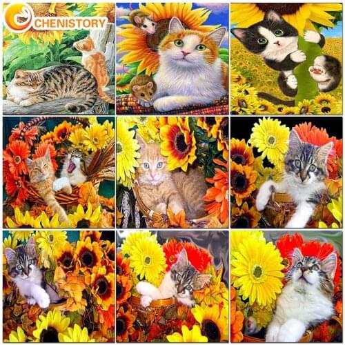 CHENISTORY Painting By Numbers Frameless Colourful Animas Cat Paint By Numbers On Canvas DIY Number Painting Flower Home Decor