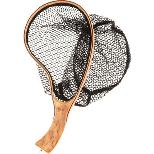 Wooden Handle Fly Fish Fishing Landing Trout Clear Rubber Net Mesh Catch Tackle