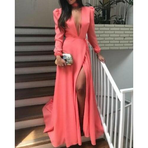 Long Sleeve V-Neck A-Line Chiffon Side Slit Evening Dresses with Pockets Floor Length Zipper Back Formal Party Dresses for Women