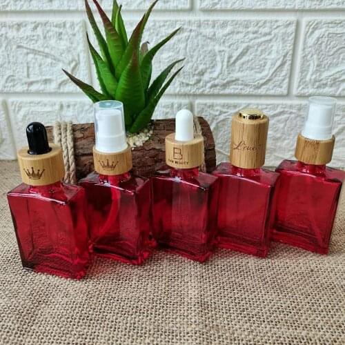 Carving logo 30ml Red bamboo dropper bottles 1 oz square rectangle glass dropper perfume bottles glass bamboo cosmetic packaging