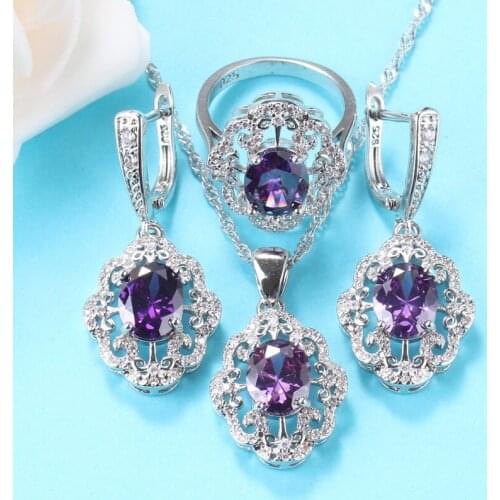 Wedding Jewelry Sets Silver 925 Purple Crystal Earring And Ring Fashion Necklace Set For Women 7-Colors Jewelry