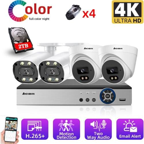 4CH 4K POE NVR Kit Outdoor Bullet Camera System 8MP Colorful Night Two way Audio IP Camera CCTV Video Security Surveillance Kit