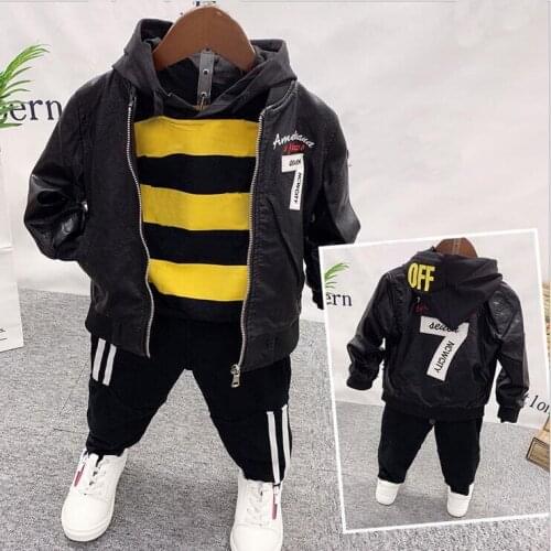Boys clothing sets kids Embroidered Faux leather coat +hoodie+pants for boys 3pcs sets kids clothes children tracksuit 2-6Year