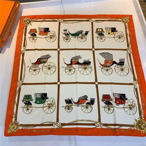 90cm Square Scarf Women Luxury Carriage Design Foulards Twill Silk Scarves Wraps Hand Rolled Bandana Curled Head Scarves Hijabs