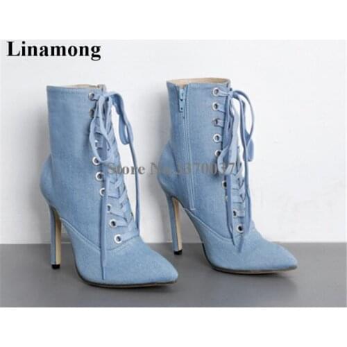 Hot Selling Women Casual Pointed Toe Lace-up Blue Denim Ankle Boots Thin Heel Boots Blue Short High Heel Boots Street Shoes