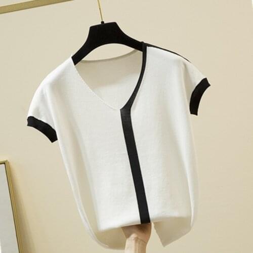 Patchwork Knitted Women T-Shirts Summer New 2021 Elegant V-Neck Short-Sleeved Office Lady All Match Pulls Outwear Tops Tees