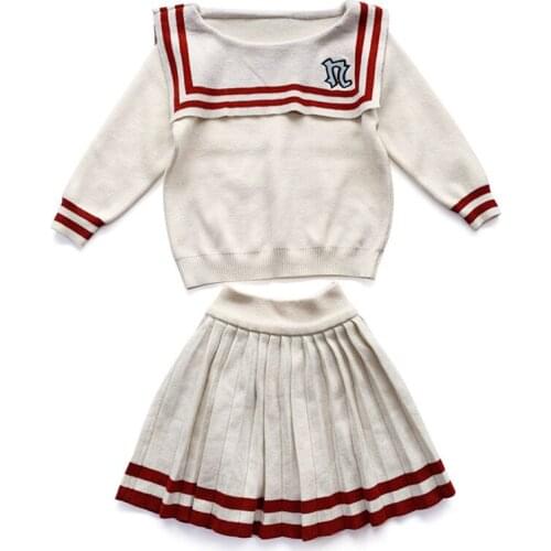 2021 spring fashion girls clothing sets lapel T-shirt + hip skirt two-piece suit for children sweater navy style clothes for kis