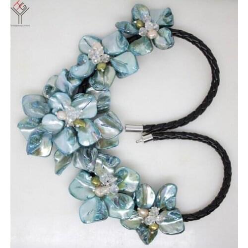 Women Jewelry natural pearl crystal light blue 5 flowers pendant shell mother of pearl necklace black leather 18"