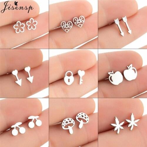 Lovely Stainless Steel Daisy Flower Earrings for Women Kids Fashion Cherry Apple Leaf Lock Key Stud Earrings Girls Birthday Gift