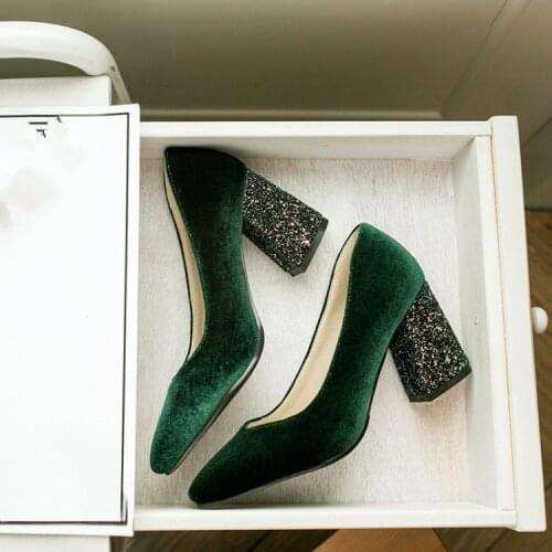 PXELENA Velour Velvet Classic Woman Pumps Shoes Glitter Bling Chunky Square Block High Heels Women Shoes Green Plus Size 34-43