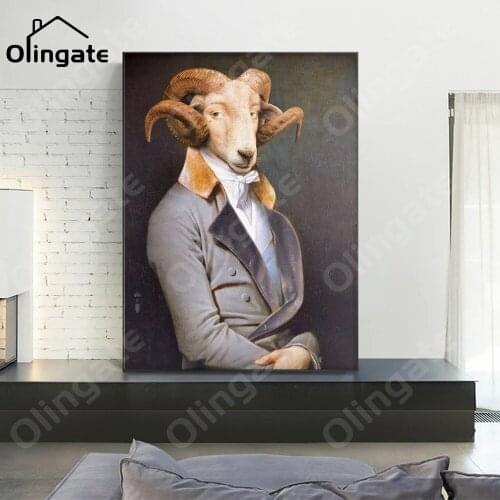 Vintage Funny Animal Portrait Canvas Painting Retro Nostalgia Gentleman Wall Art One Piece Canvas Poster Home Living Room Decor
