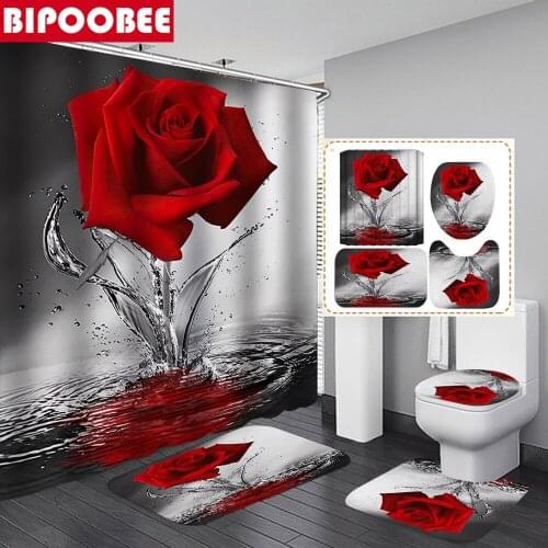 Red Roses Print Shower Curtain 3d Bathroom Curtains Flower Water Reflection Pattern Bath Mat Pedestal Carpet Anti-slip Rugs