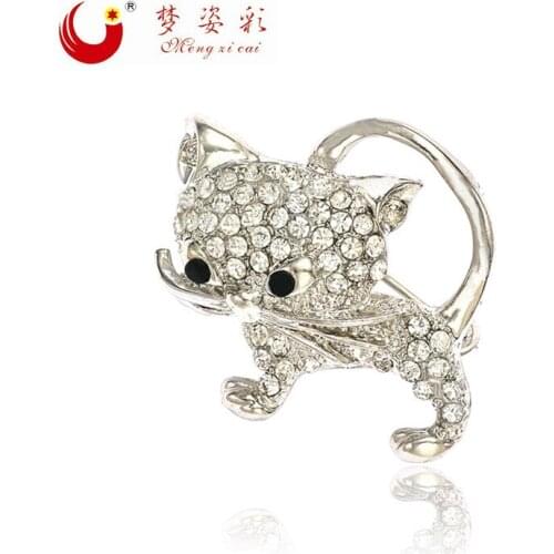 Mziking Summer Cute Cat white Mini Brooch Rhinestone Crystal Animal Brooches for Womens Shirt Lapel Pin Designer Broche Broches