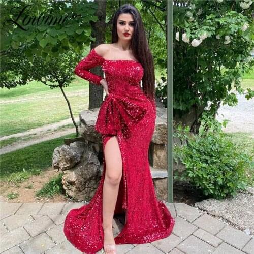 Hot Sexy Boat Neck Sequins Prom Dresses Long With High Split Side Wedding Party Dress 2020 Custom African Evening Gown Vestidos
