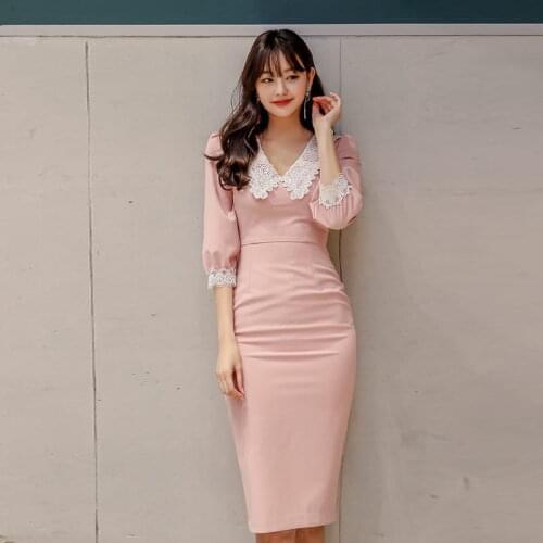 S-XL Plus Size 2021 Spring Office Dress Women Lace Patchwork Bodycon Wrap Dress Ladies Slim Tight Pink Dress Female Vestidos