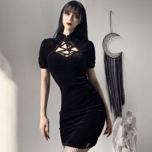 Retro Sexy Cheongsam mini Dress Gothic Lace-up short sleeve slit Suede High Waist Slim bodycon Black summer dress vestidos 2020