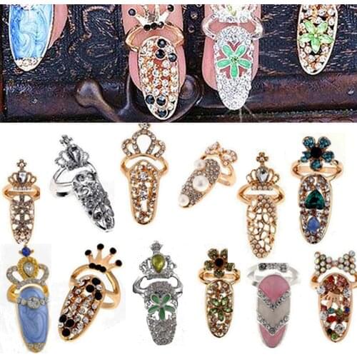 1pcs Nail Charms Crown Flower Lady Personality Rhinestone Fingernail Protective Fashion Jewelry Women Crystal Nail Ring VH-089