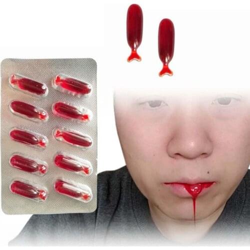 10pcs Halloween Fake Blood Capsule Pills Vampire Horror Funny Joke Prank Trick Cosplay Fancy Makeup Accessories