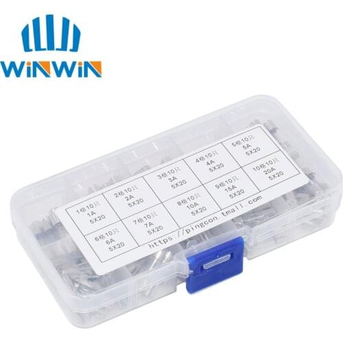 100Pcs/lot 5x20mm Quick Blow Glass Tube Fuse Assorted Kit Fast Blow Glass Fuses 250V 1A/2A/3A/4A/5A/6A/7A/10A/15A/20A