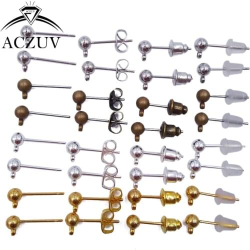 200Pcs Silver Gold Antique Bronze Rhodium Plated 4mm Ball Earring Post with Stopper Backs Earrings Jewelry Findings Accessories
