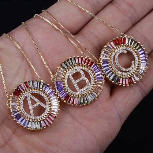 26 initials alphabet letter A-Z unique name micro pave rectangle rainbow crystal charms gold chain pendant choker necklace