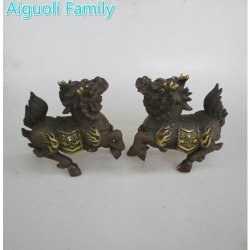 AAA+Rare 1 Pair Chinese Old Copper Carved Unicorn Beast Statue / Metal Craft For Home Feng Shui Decoration Antique Collection