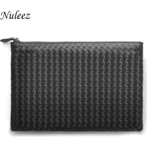 Nuleez Clutch Bag Men Cowhide Leather Italy Luxury Woven Envelope Wallet Phone Bag Men Business Style