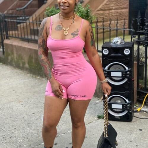 Casual Fitness Lucky Lable Knitted Rib Playsuit Jumpsuit Women Sexy Spaghetti Strap Biker Shorts Bodycon Club Jumpsuit Overalls