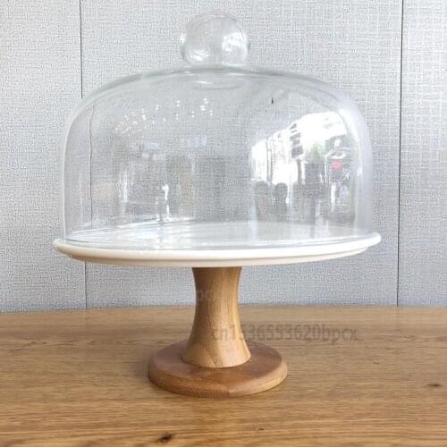 Round Ceramic Dinner Plate Dish Round Glass Cover Dessert Plate Cake Tray Wooden Base Food Tray Dessert Table Display Stand