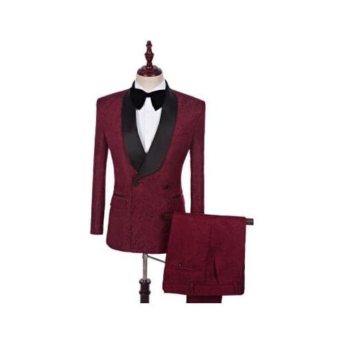 2020 New Arrival Custom Made Men Suits Burgundy Red Jacquard 2 Pieces Set Tuxedo Groomsman Wedding Suits Terno Masculino