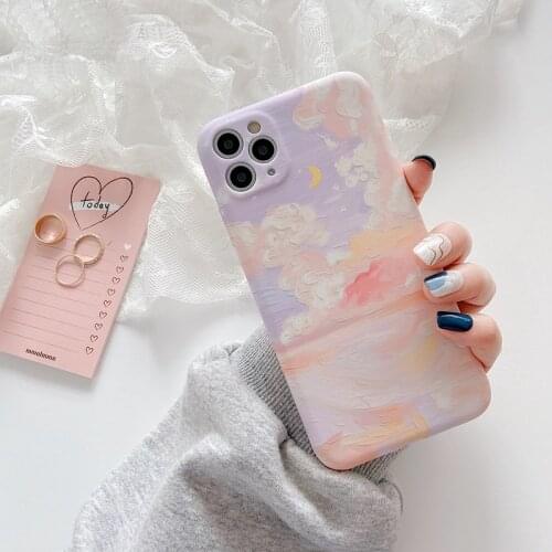 LACK Oil painting Mew Starry Sky Cloud Cases For iPhone XR X XS 11 Pro Max 7 8 Plus 12 Candy Color Soft Silicon Phone Cover