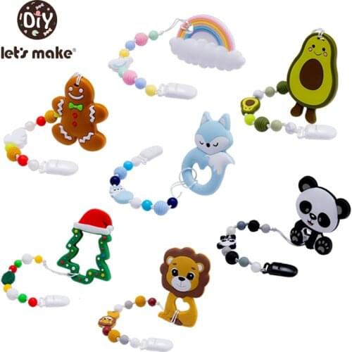 Lets Make Baby Set Pacifier Chain Silicone Teether BPA Free Baby Teething Necklace Fox Panda Lion Tree Avocado Gingerbread Man