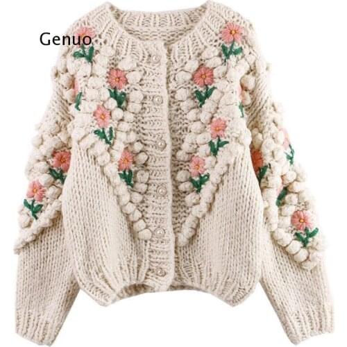 New Women Winter Handmade Sweater and Cardigans Floral Embroidery Hollow Out Chic Knit Jacket Pearl Beading Cardigans