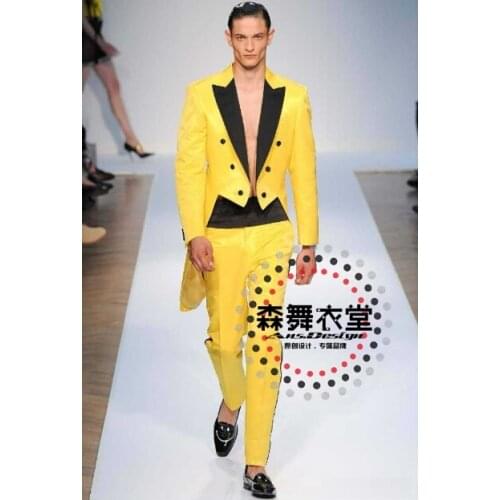 S-5xl 2020 Blazers Men Bar Singer Dj Costumes Court Europe America Retro Mens Slim Suits Bright Yellow Swallowtail Formal Dress