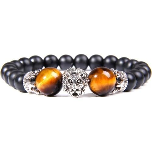 Charm Chakra Mens Natural tiger eye Stone Bracelets couple zirconia round lion beads Bracelet Jewelry for men women best gifts