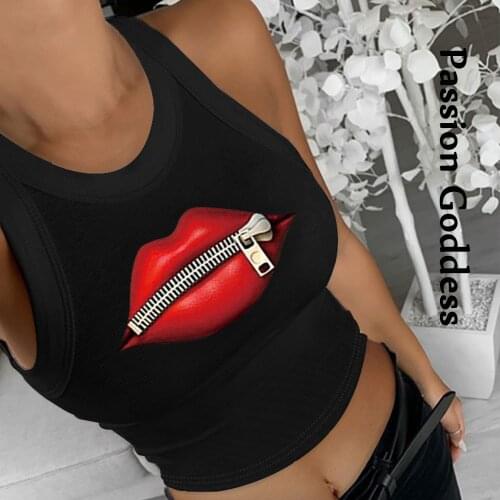 Casual Summer Women Sexy Zipper Red Lips Crop Tops Sleeveless Slim Tank Vest Bustier Cropped Tops Fashion Party Street Wear