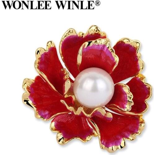 Wonlee Winle TOP Quality Alloy Enamel Pearl Peony Flower Brooches for Women Fashion Jewelry