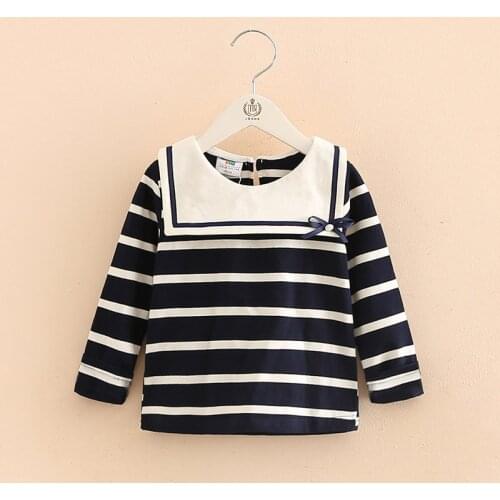 2020 Spring Autumn Fashion 2 3 -10 Years Child White Blue Striped Bow Navy Style Cotton Long Sleeve T-Shirts For Kids Baby Girls