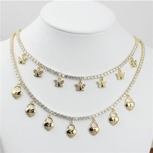 5pcs/lot New design cz necklace,colorful heart lock/butterfly shape cubic zircon jewelry,popular plated chain necklace wholesale