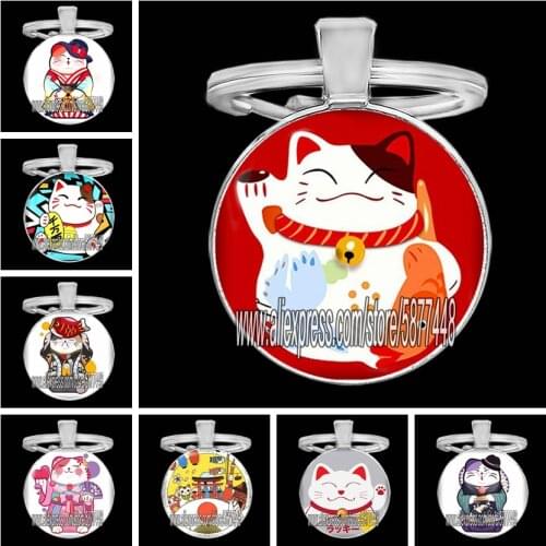 Japanese Cute Lucky Cat Glass Cabochon KeyChains Car Keys Bag Key Chains Lovely Animal Pendent Keyring