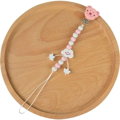 Baby Pacifier Clips Silicone Little Bear Pacifier Chain Holder For Baby Durable Wooden Teething Soother Chew Toy Dummy Clips